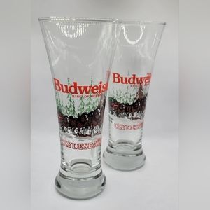 1996 Budweiser Vintage Glasses with Winter Holiday Scene Pilsner Set of 2